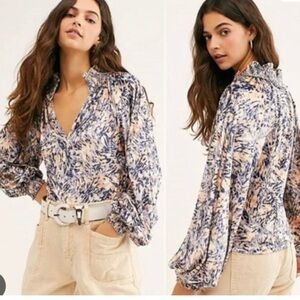 Free People Velvet Long Sleeve Puff Sleeve Animal Print Blouse Boho Top Small